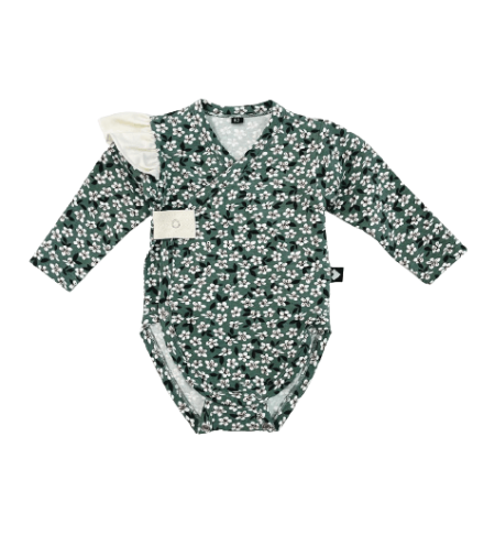 Green organic cotton baby bodysuit with blossoms - EZE KIDS