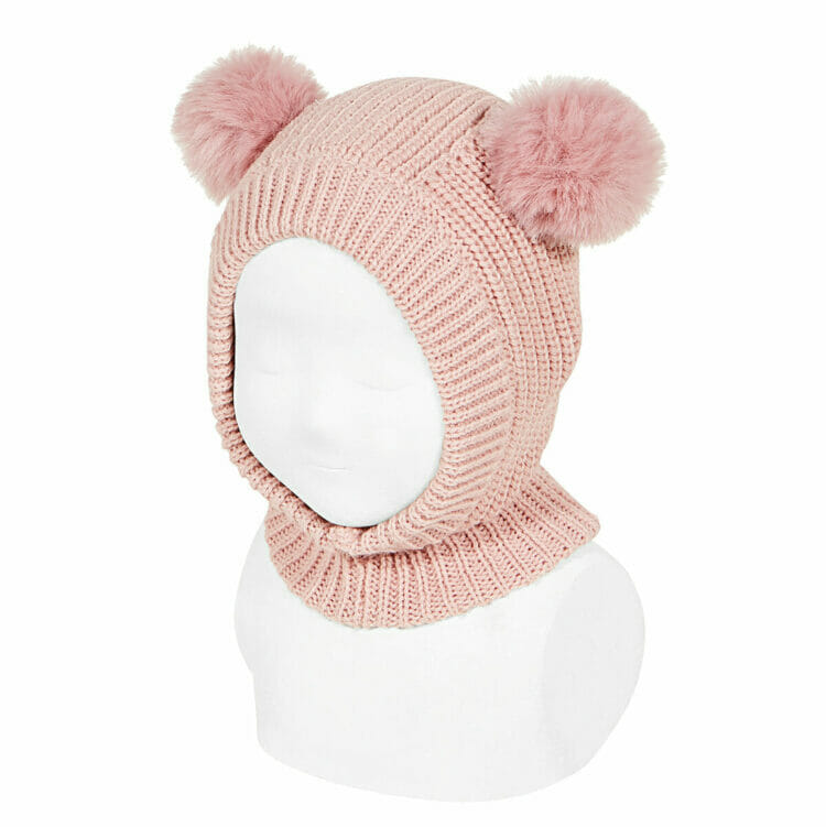 Baby pink knitted balaclava with pom-poms - Cóndor