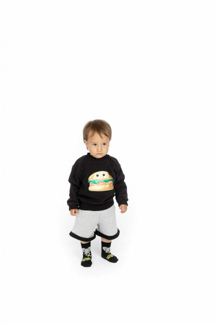 Black children`s cotton sweatshirt with a burger - WAUW CAPOW by Bangbang