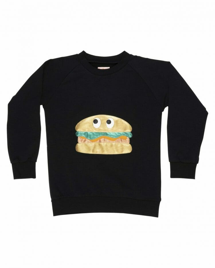 Black children`s cotton sweatshirt with a burger - WAUW CAPOW by Bangbang