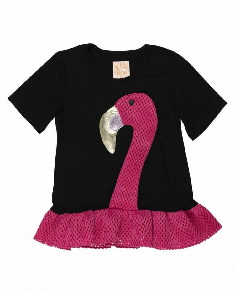 Melns meiteņu T-krekls ar rozā flamingo - WAUW CAPOW by Bangbang