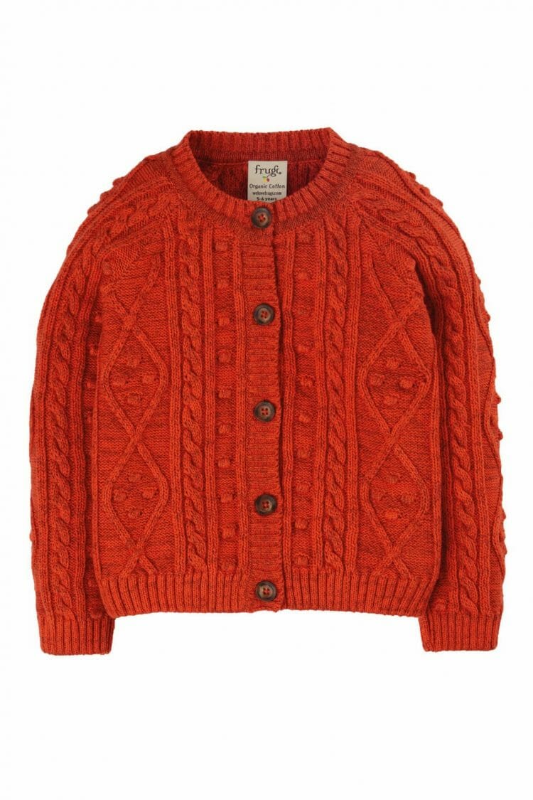 Orange knitted girls` cardigan with cable design - Frugi