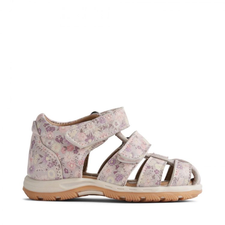 Girls` leather sandals with flowers - Wheat