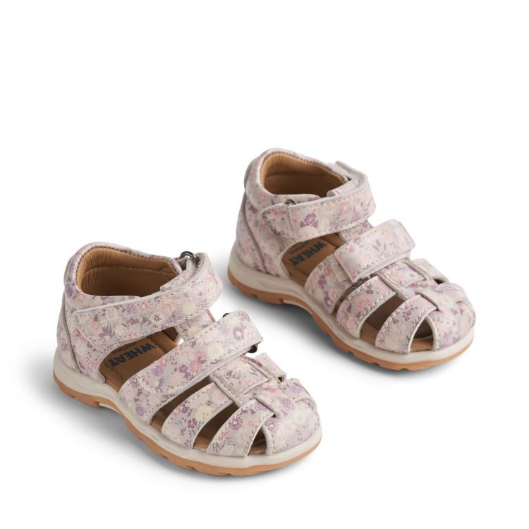 Girls` leather sandals with flowers - Wheat