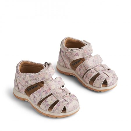Practical girls` sandals with flowers - Wheat