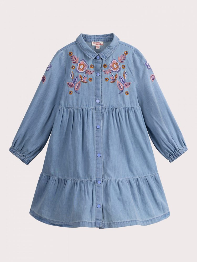 Denim dress with floral embroidery - Du pareil Au Meme