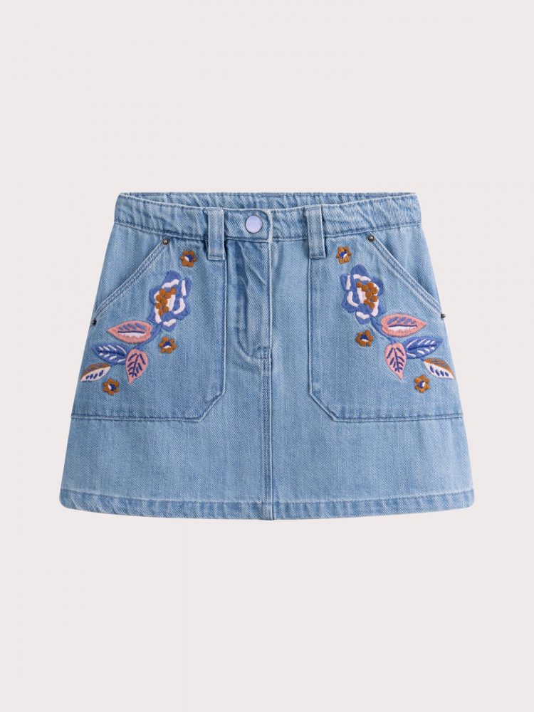 Girls` blue denim skirt with flowers - Du pareil Au Meme