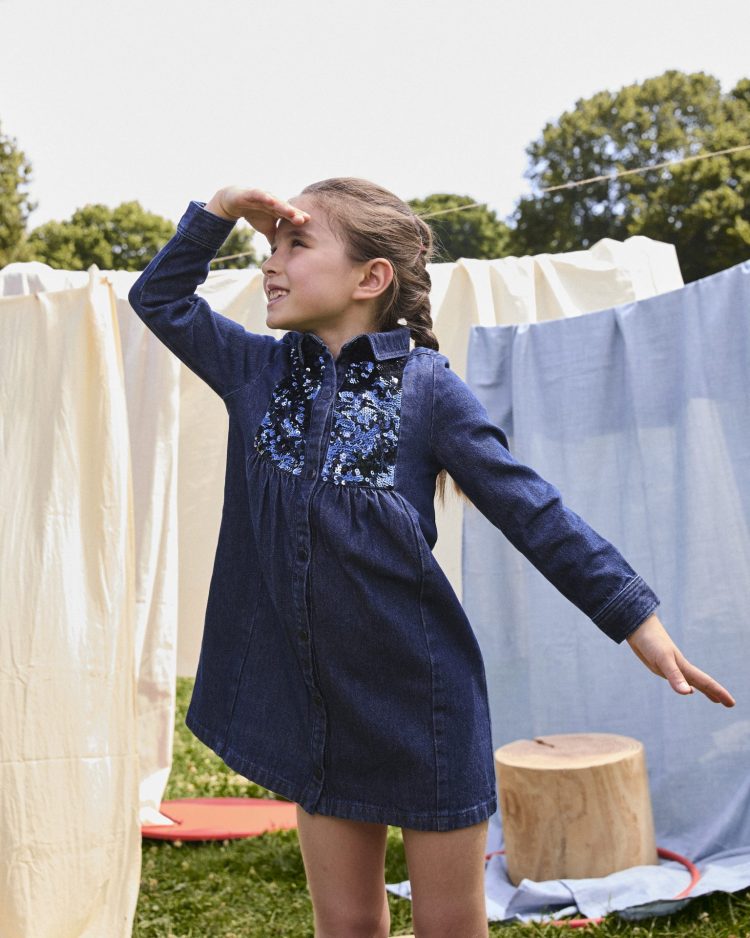 Girls' denim dress with blue sequins - Du pareil Au Meme