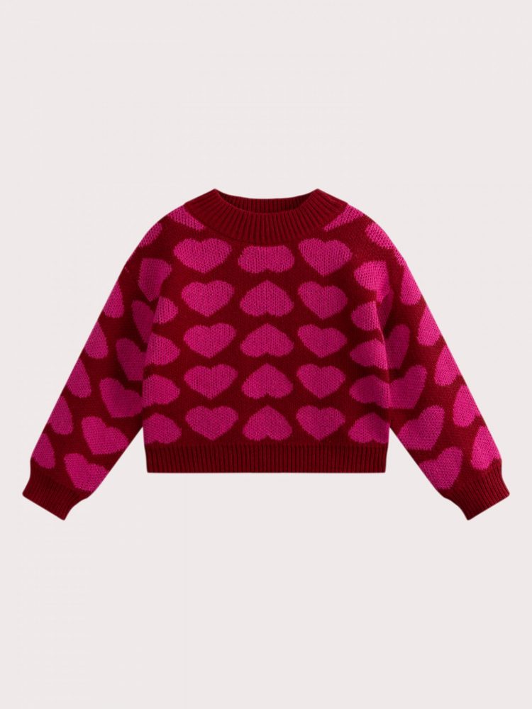 Red heart jacquard sweater for girls - Du pareil Au Meme